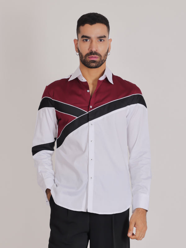 White & Maroon Color block Shirt