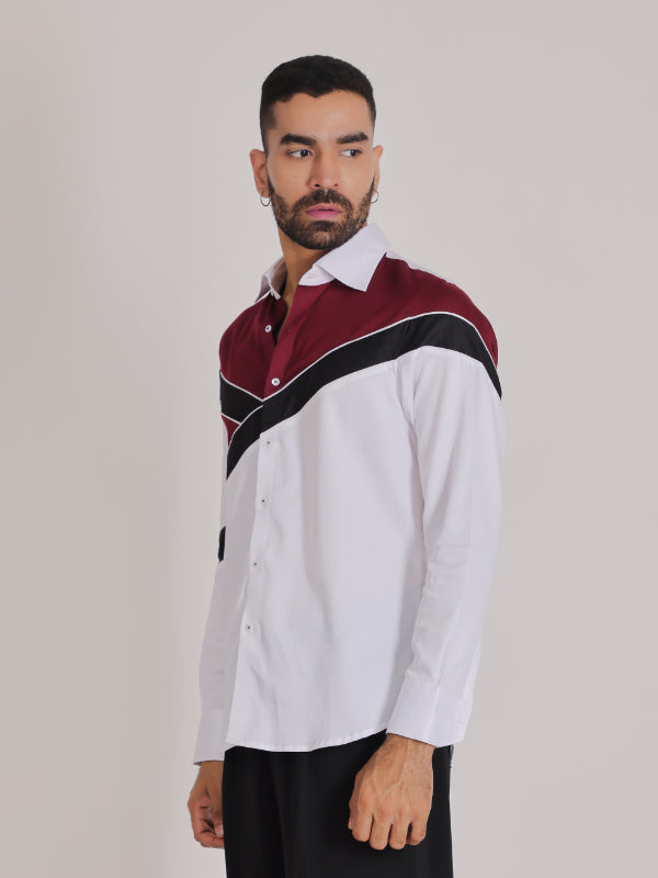White & Maroon Color block Shirt