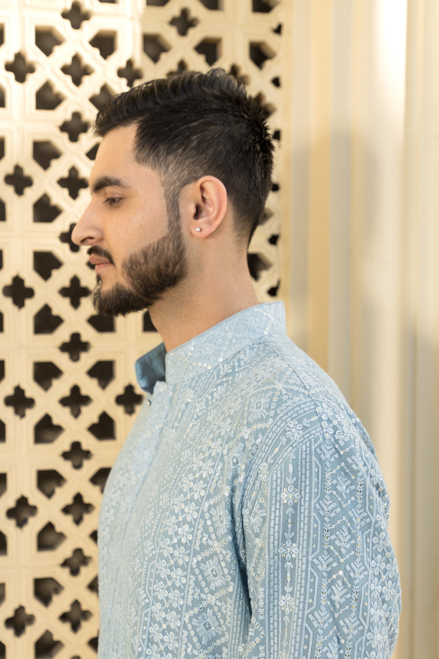 The sky blue Luckhnavi Kurta Pyjama, crafted from elegant georgette fabric