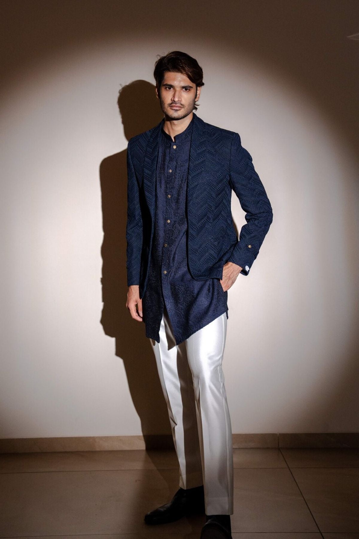 Navy blue kurta sales with waistcoat