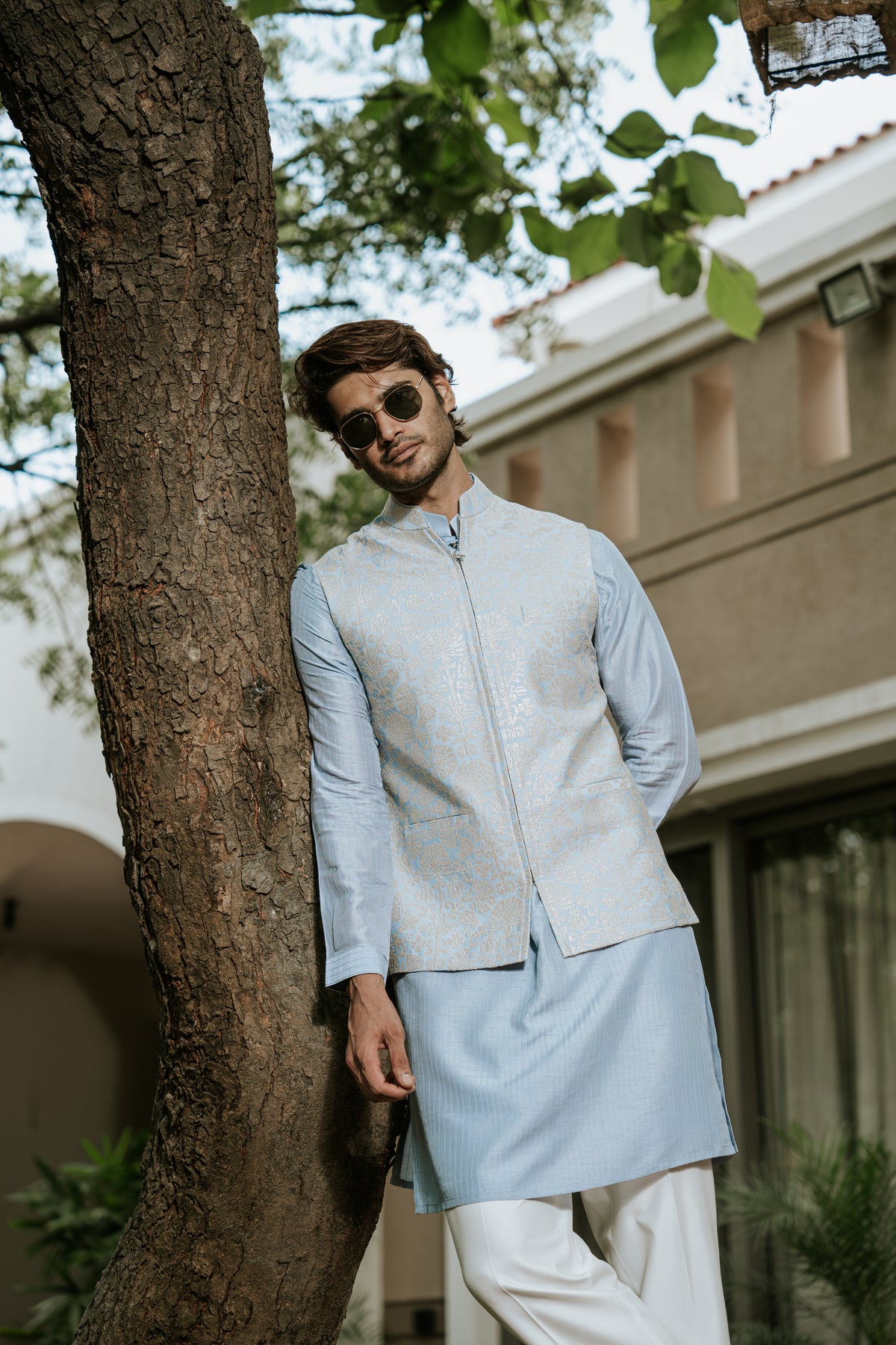 Blue Kurta Set with Embroidered Zipper Jacket