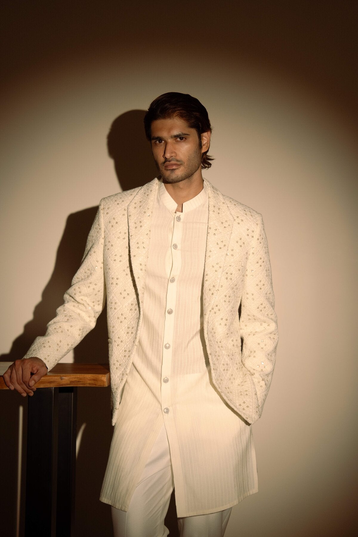 White Pintucks Kurta Set with Chikankari Jacket