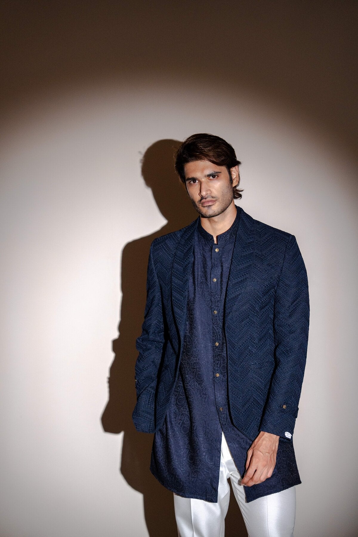 Navy Blue Kurta Set with Embroidered Jacket