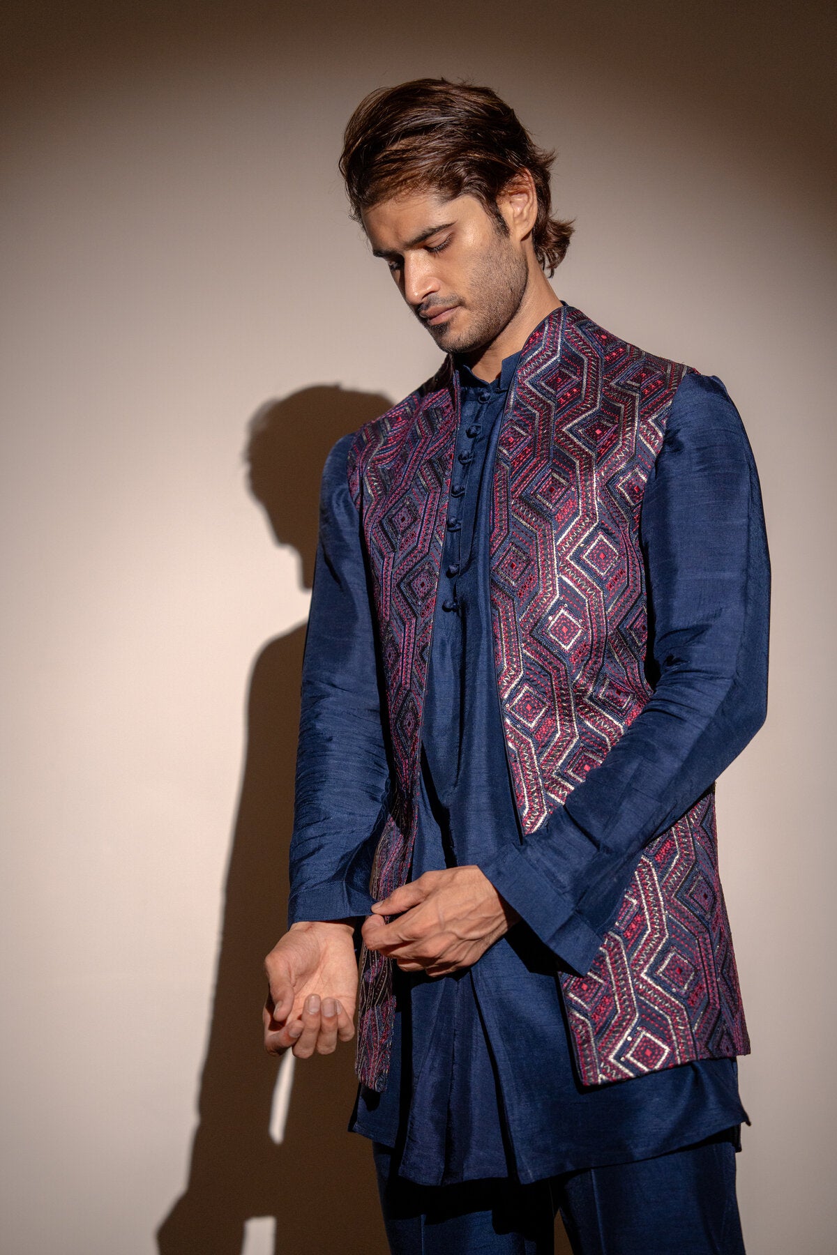 Navy Blue Cotton Silk Kurta with Embroidered Jacket