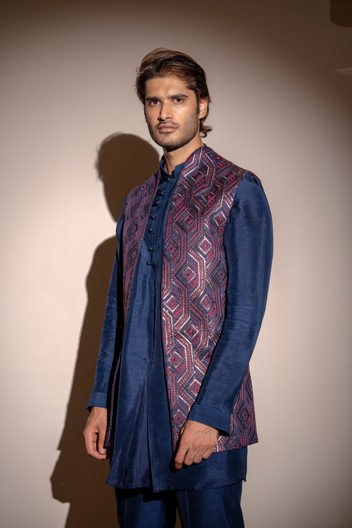 Navy Blue Cotton Silk Kurta with Embroidered Jacket