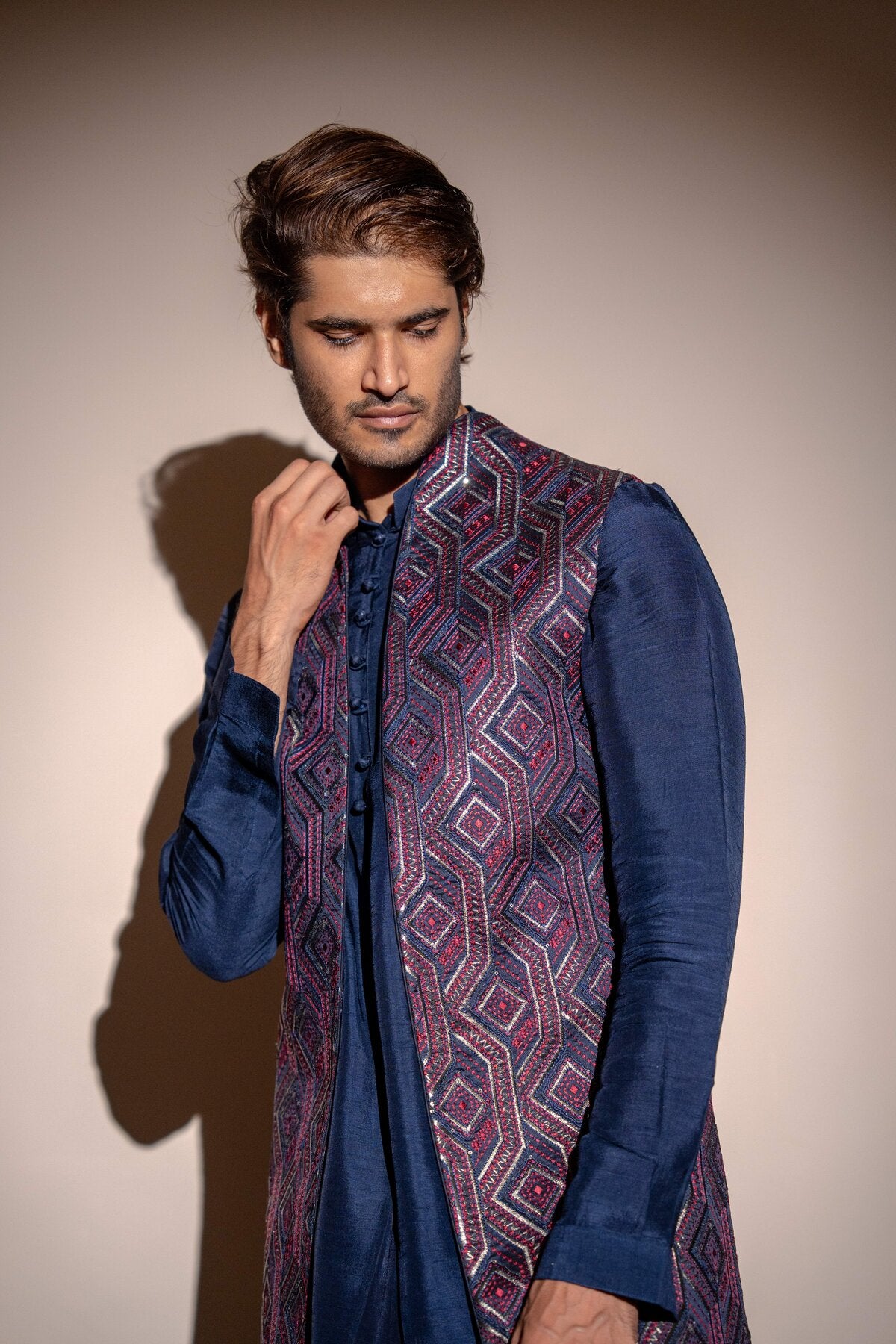 Navy Blue Cotton Silk Kurta with Embroidered Jacket