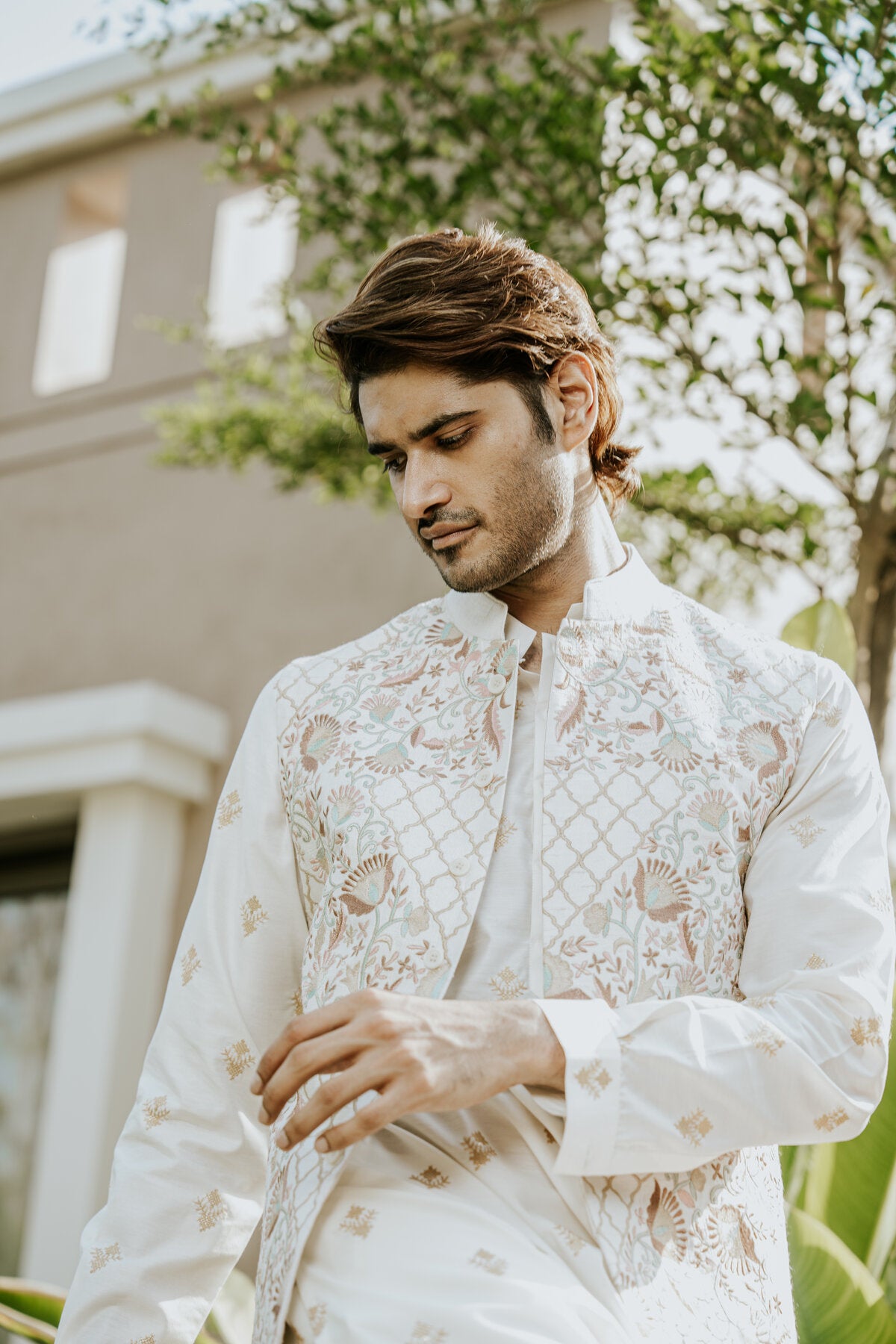 Off White Kurta Set with Embroidered Jacket