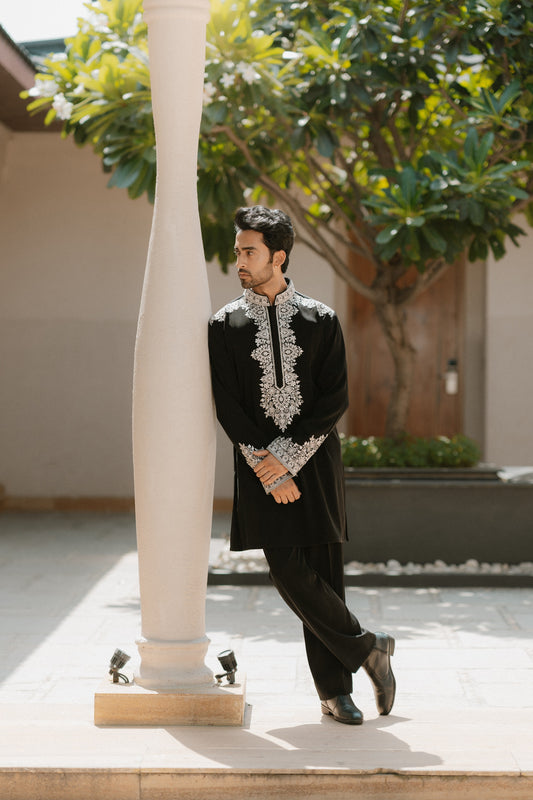 Black Italian Stretch Fabric Kurta Pyjama
