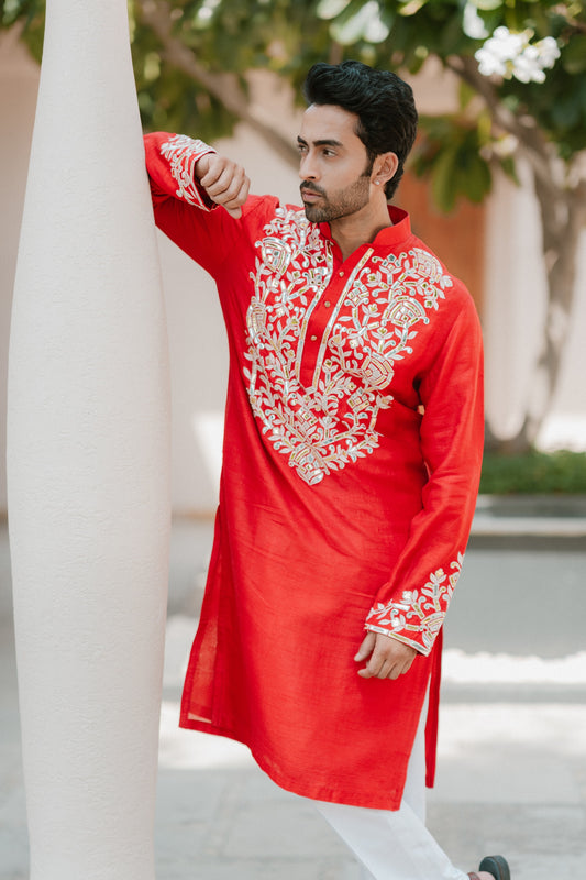 Red Silk Kurta with Pyjama Set