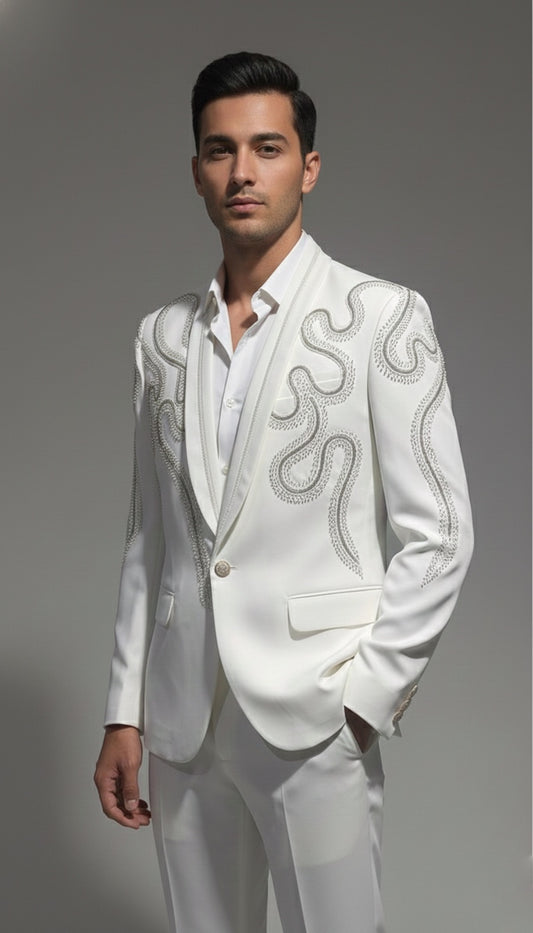 Italian White Textured Tuxedo Set