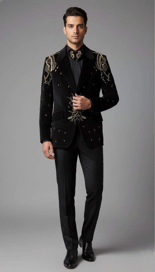 Italian Black Textured Velvet Tuxedo Set