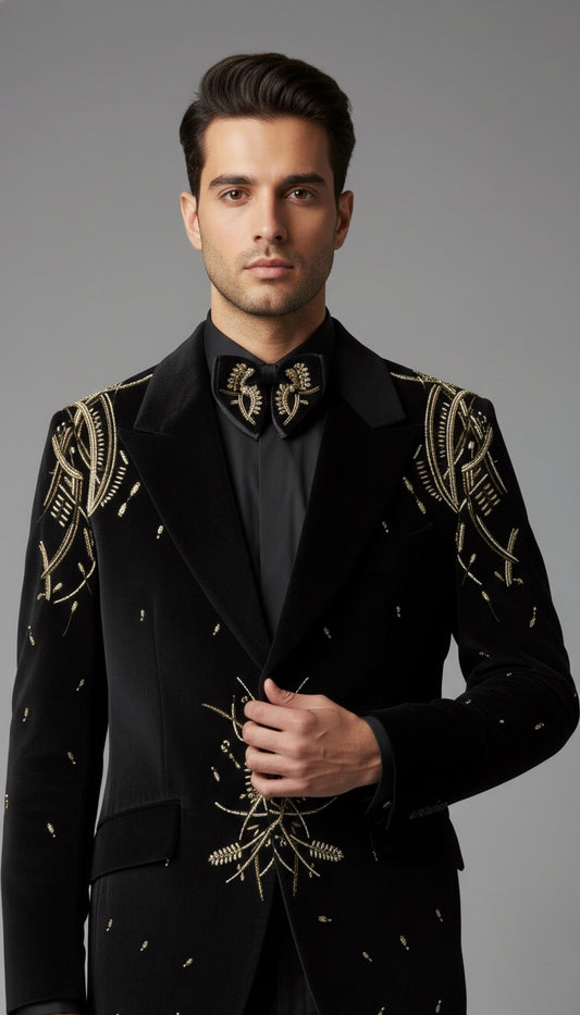 Italian Black Textured Velvet Tuxedo Set