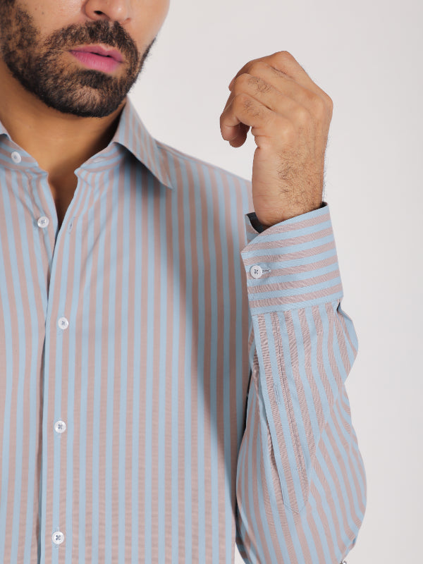 Blue & Beige Striped Shirt