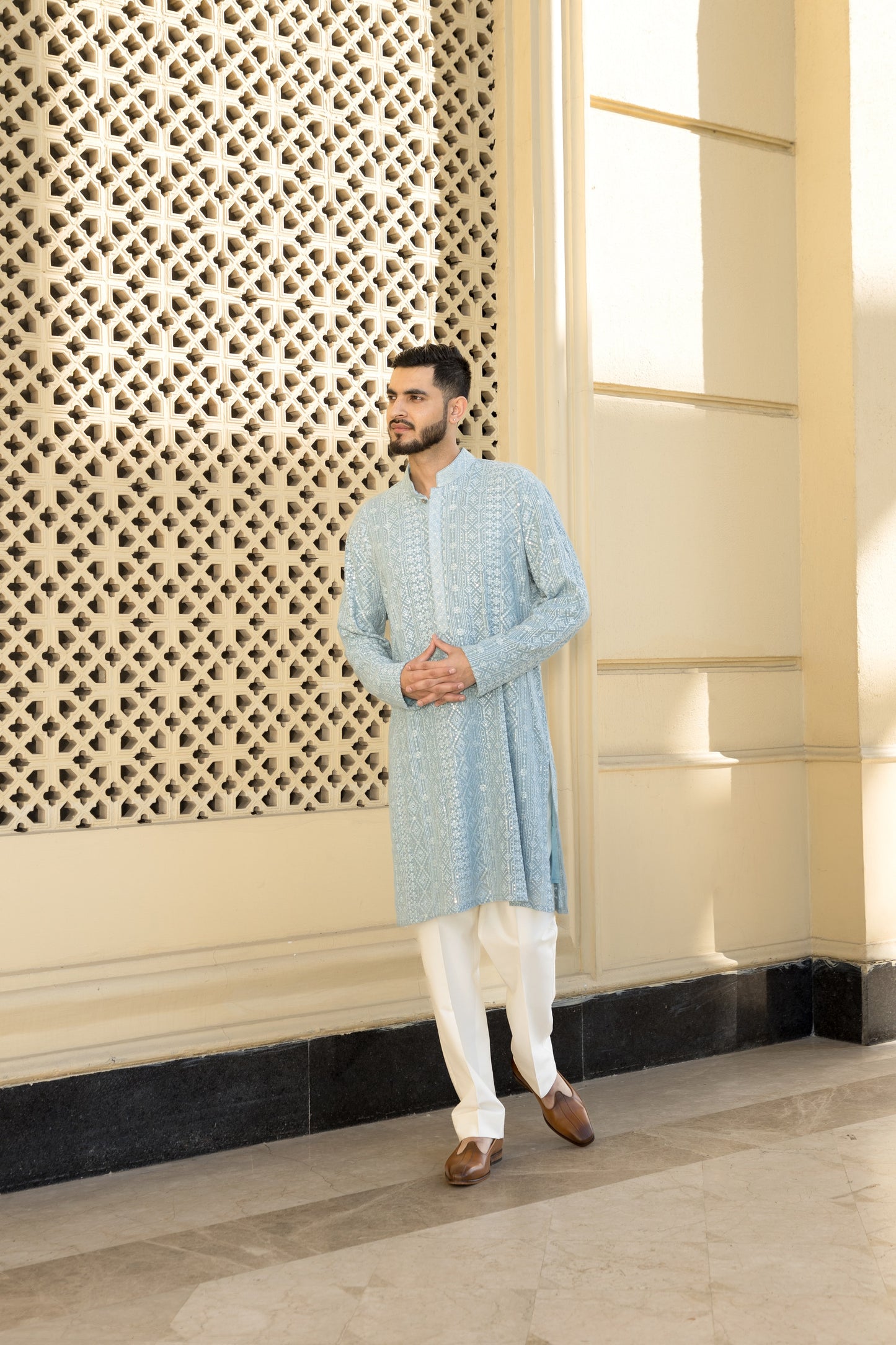 The sky blue Luckhnavi Kurta Pyjama, crafted from elegant georgette fabric
