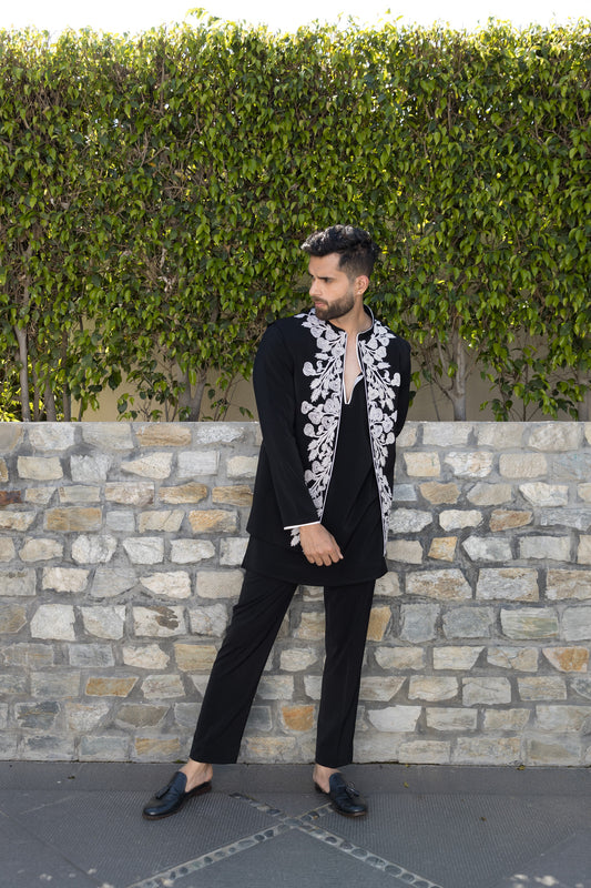 The black Nehru jacket set, crafted from premium Italian stretch fabric