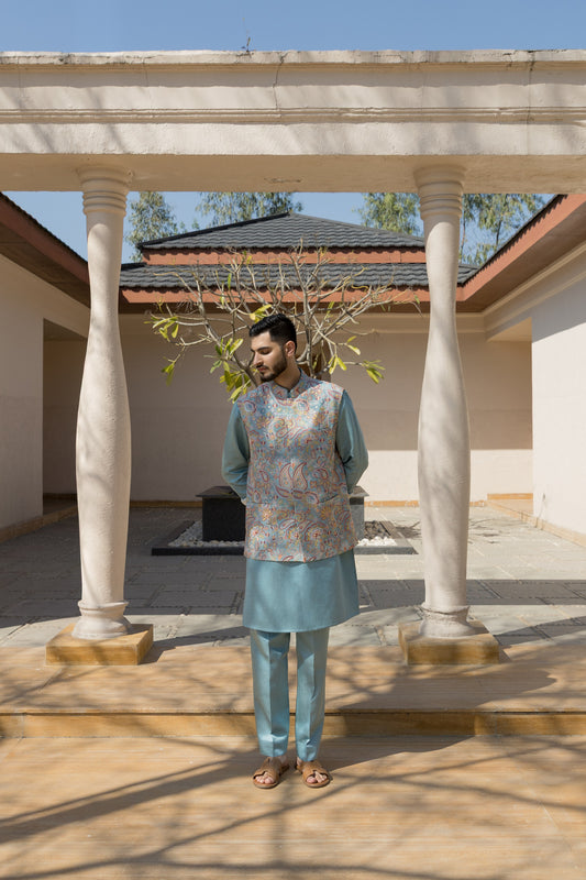 The light Blue Nehru jacket set, crafted from luxurious silk fabric