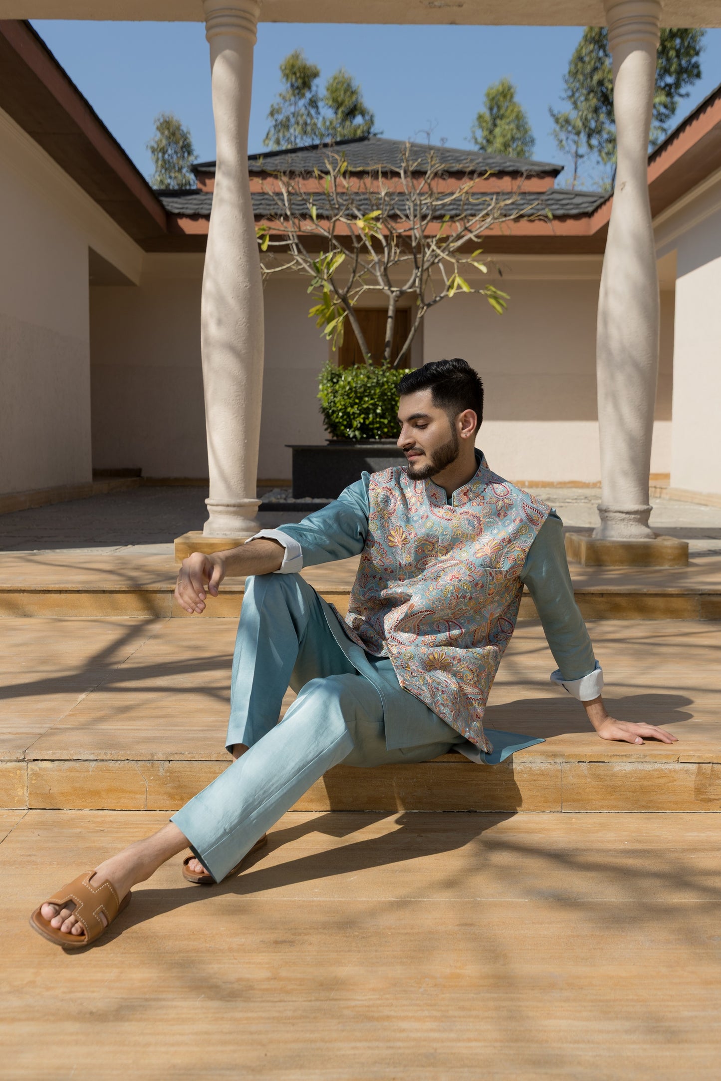 The light Blue Nehru jacket set, crafted from luxurious silk fabric