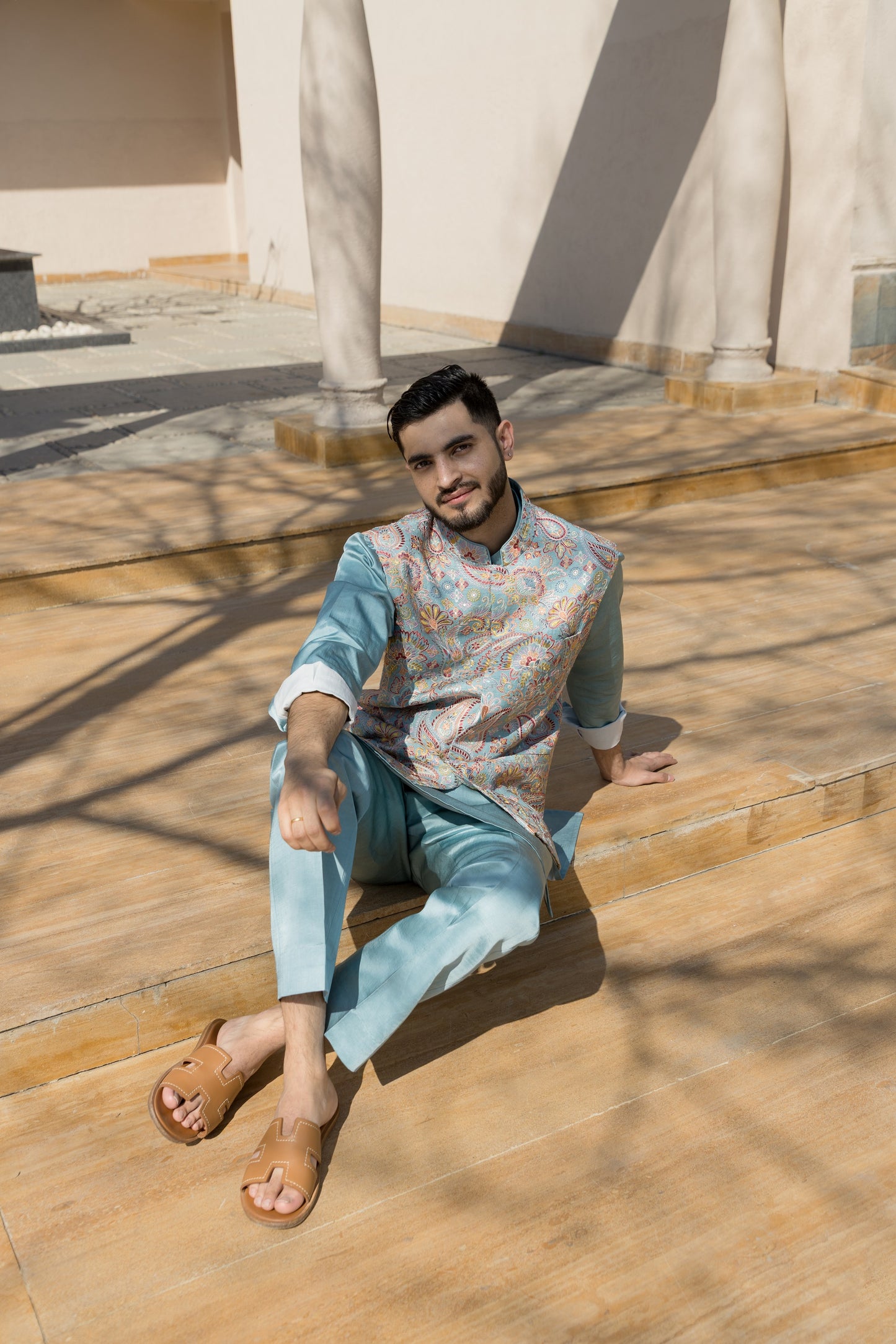 The light Blue Nehru jacket set, crafted from luxurious silk fabric