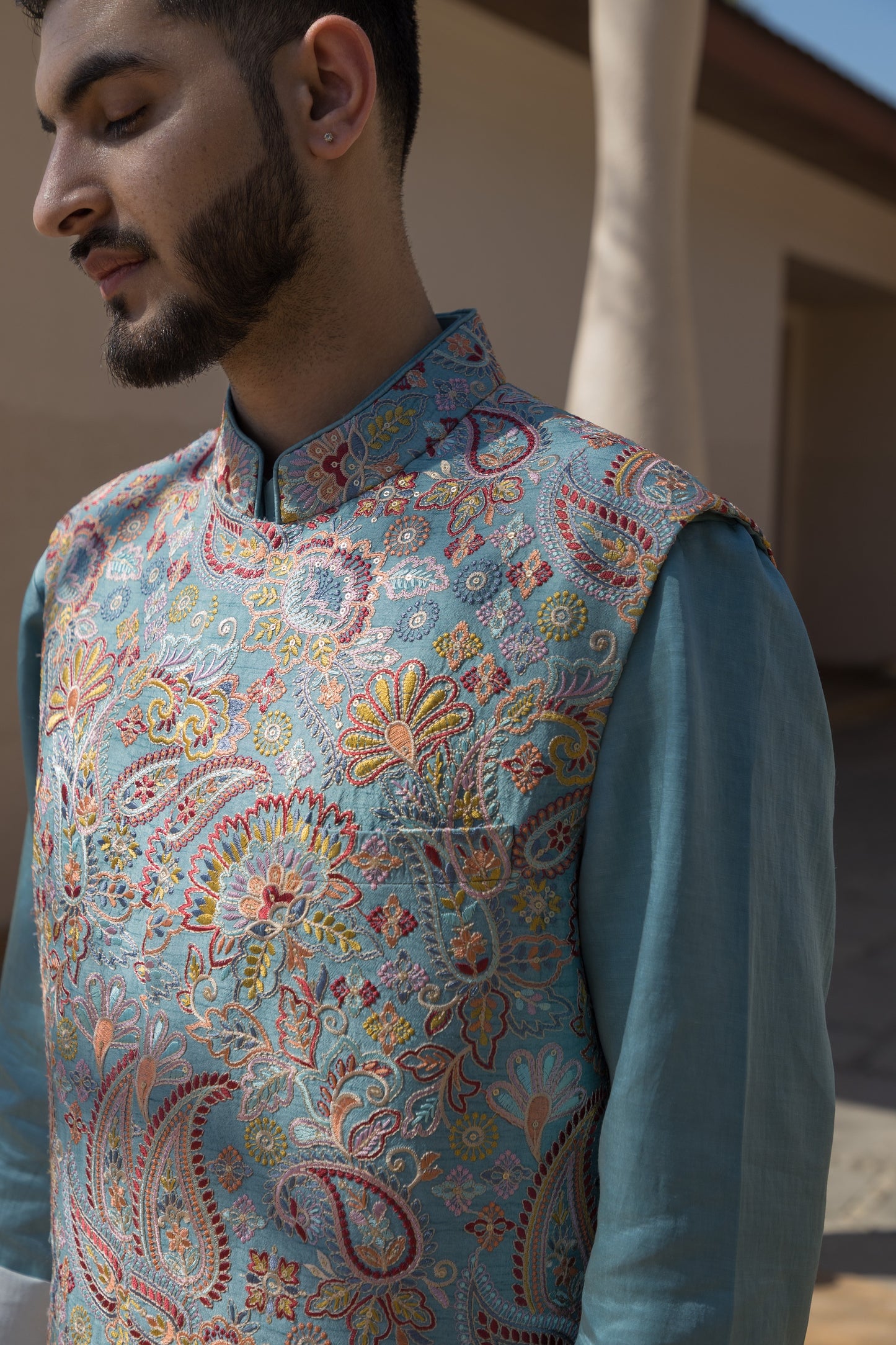 The light Blue Nehru jacket set, crafted from luxurious silk fabric