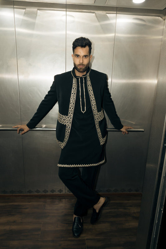 The black Jodhpuri set, crafted from premium Italian stretch fabric