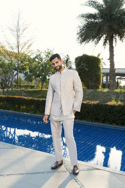 The Dusty Peach Jodhpuri set, crafted from luxurious silk fabric
