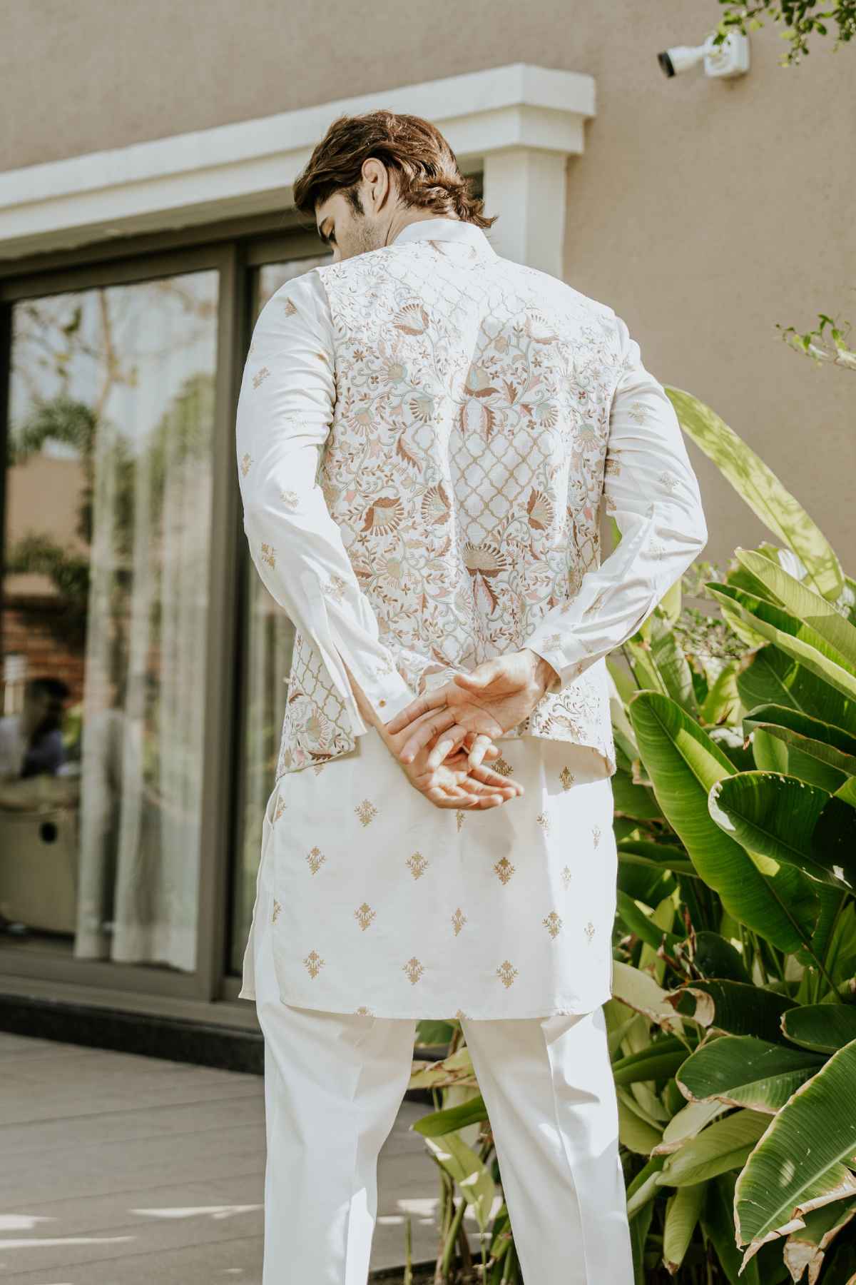 Off White Kurta Set with Embroidered Jacket - Main Image