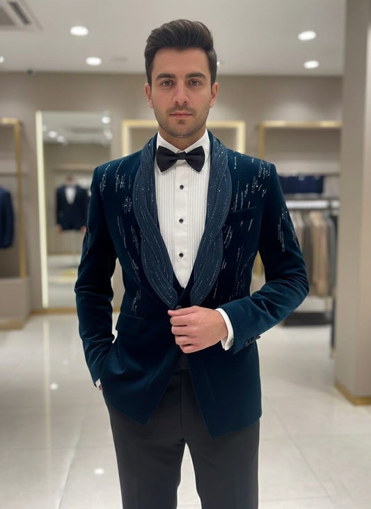 Men’s Blue Cotton Velvet 2-Piece Tuxedo Suit – Slim Fit