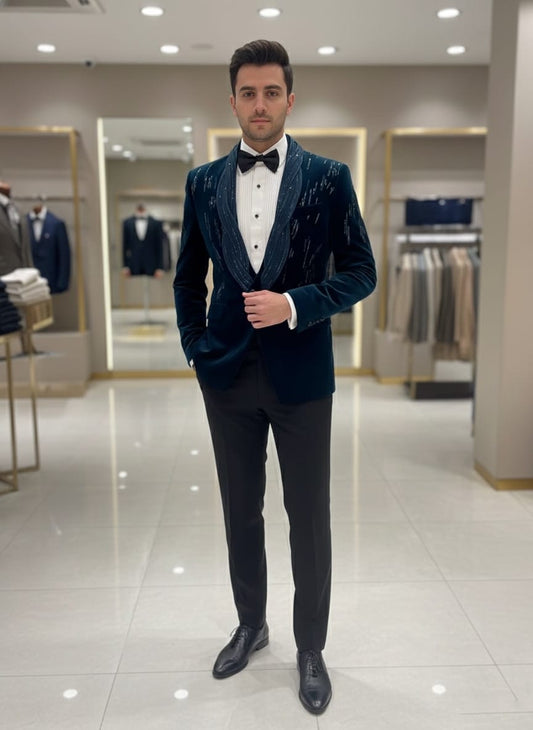 Men’s Blue Cotton Velvet 2-Piece Tuxedo Suit – Slim Fit