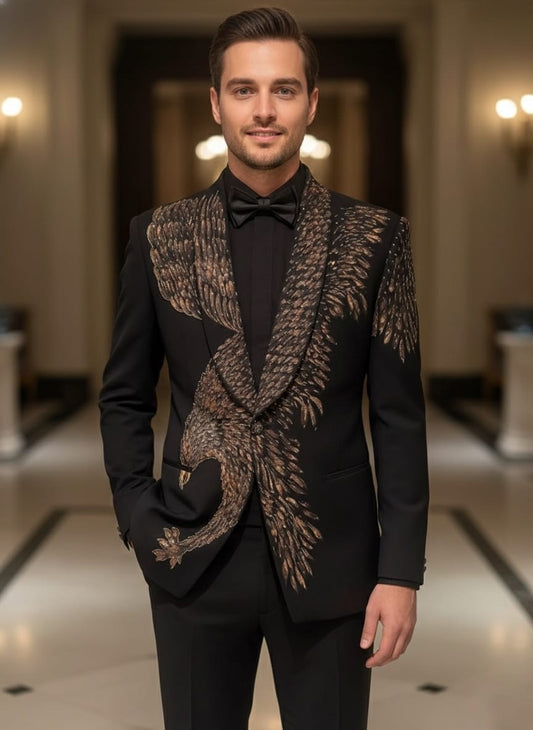 Black Velvet Embroidered Lapel Tuxedo