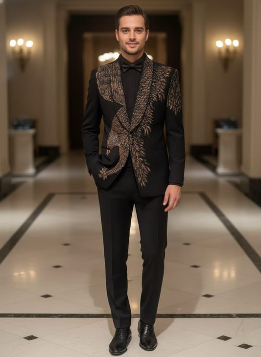 Black Velvet Embroidered Lapel Tuxedo