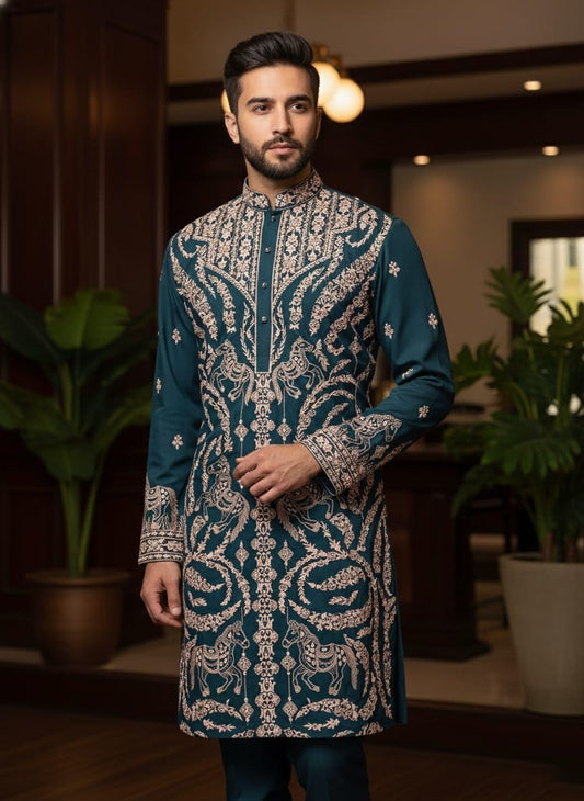 Royal Teal Italian Fabric Kurta Pyjama Set