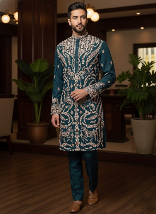 Royal Teal Italian Fabric Kurta Pyjama Set