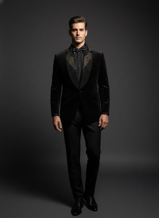 Luxury Black Velvet Tuxedo Suit with Textured Shawl Lapel