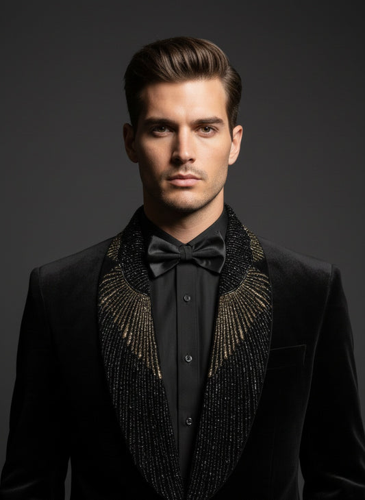 Luxury Black Velvet Tuxedo Suit with Textured Shawl Lapel