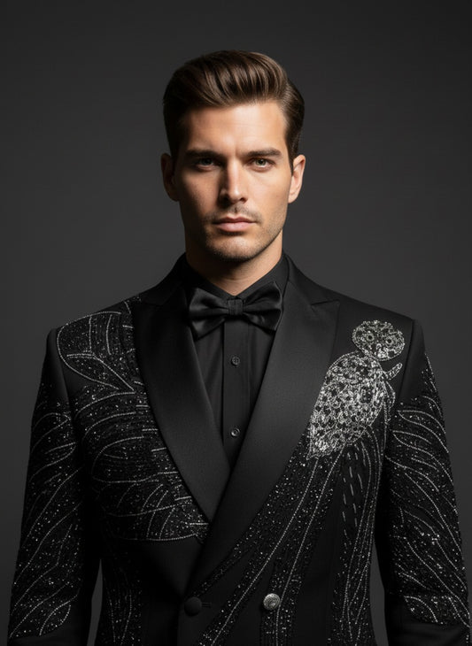 Luxury Black Embellished Tuxedo Suit for Men