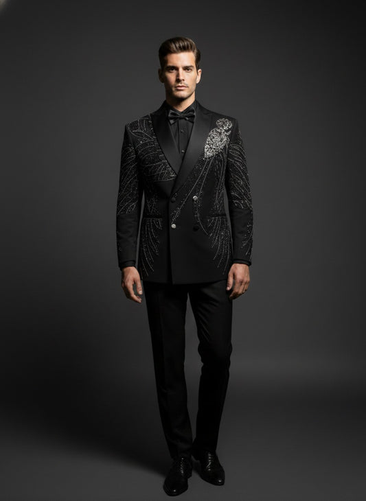Luxury Black Embellished Tuxedo Suit for Men