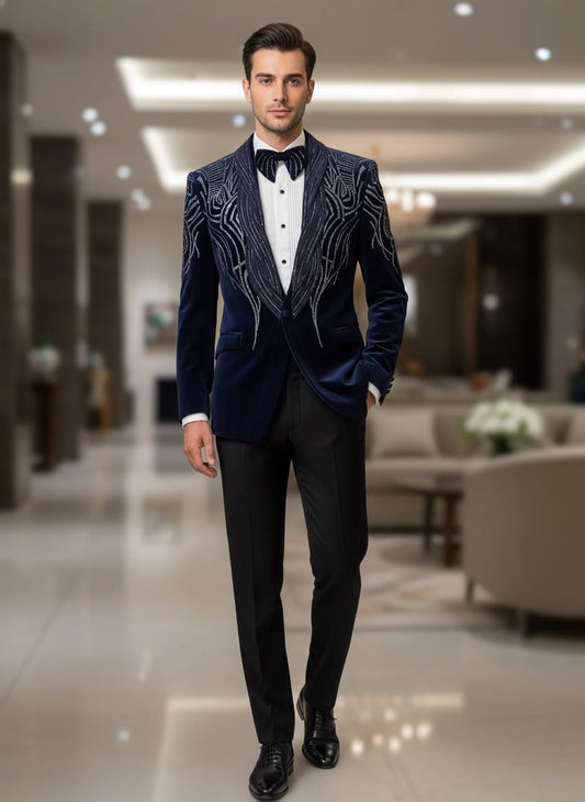 Blue Cotton Velvet Designer Tuxedo Suit