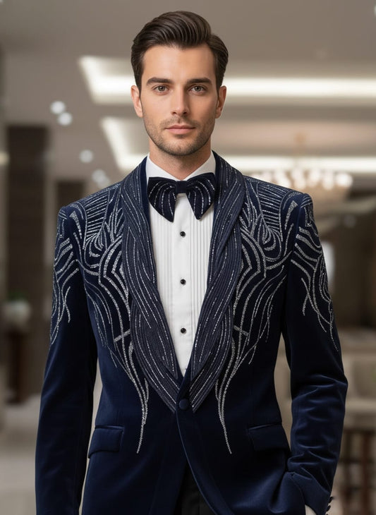 Blue Cotton Velvet Designer Tuxedo Suit