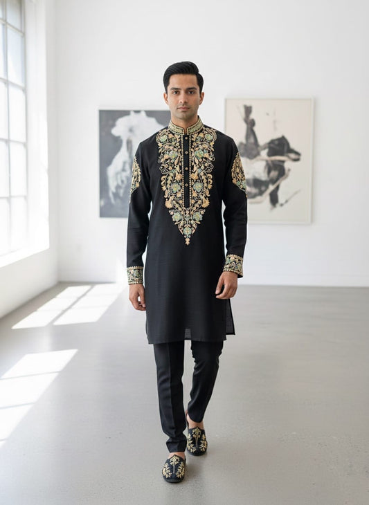 Classic Black Italian Fabric Kurta Pyjama Set for Men