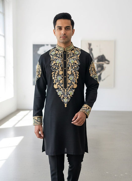 Classic Black Italian Fabric Kurta Pyjama Set for Men