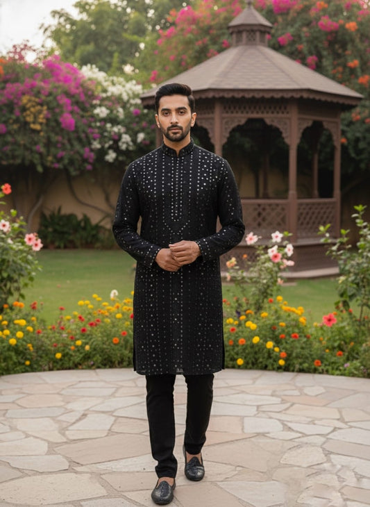 Premium Black Italian Fabric Kurta Pajama Set for Men