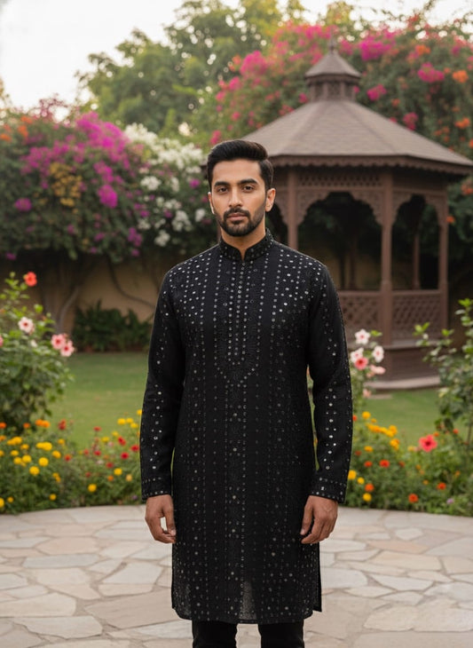 Premium Black Italian Fabric Kurta Pajama Set for Men