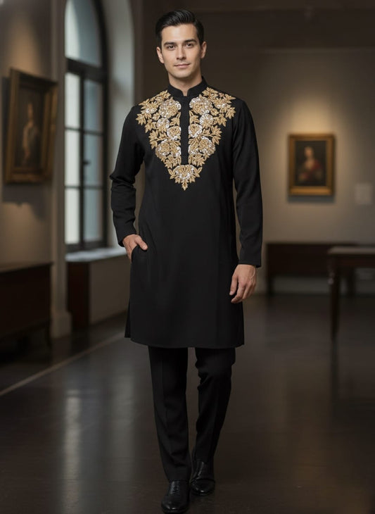 Luxury Black Italian Fabric Kurta Pyjama Set for Men