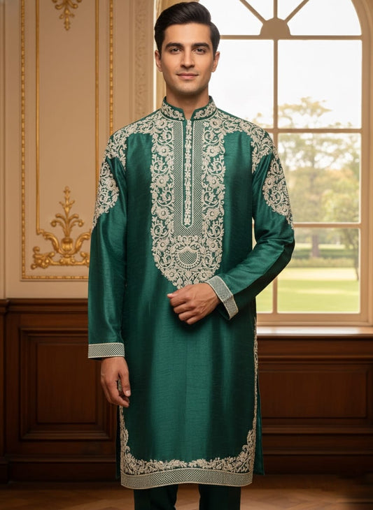 Elegant Green Silk Kurta Pajama Set for Men