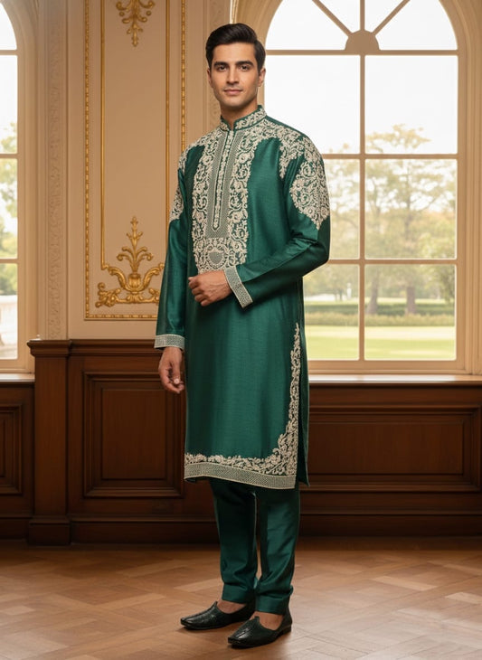Elegant Green Silk Kurta Pajama Set for Men