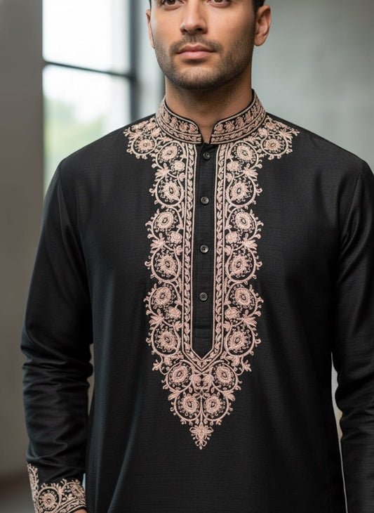 Premium Black Italian Fabric Kurta Pajama Set for Men