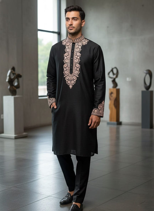 Premium Black Italian Fabric Kurta Pajama Set for Men