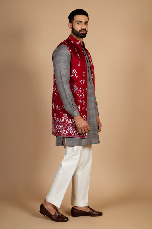 Grey kurta with thread work jacket