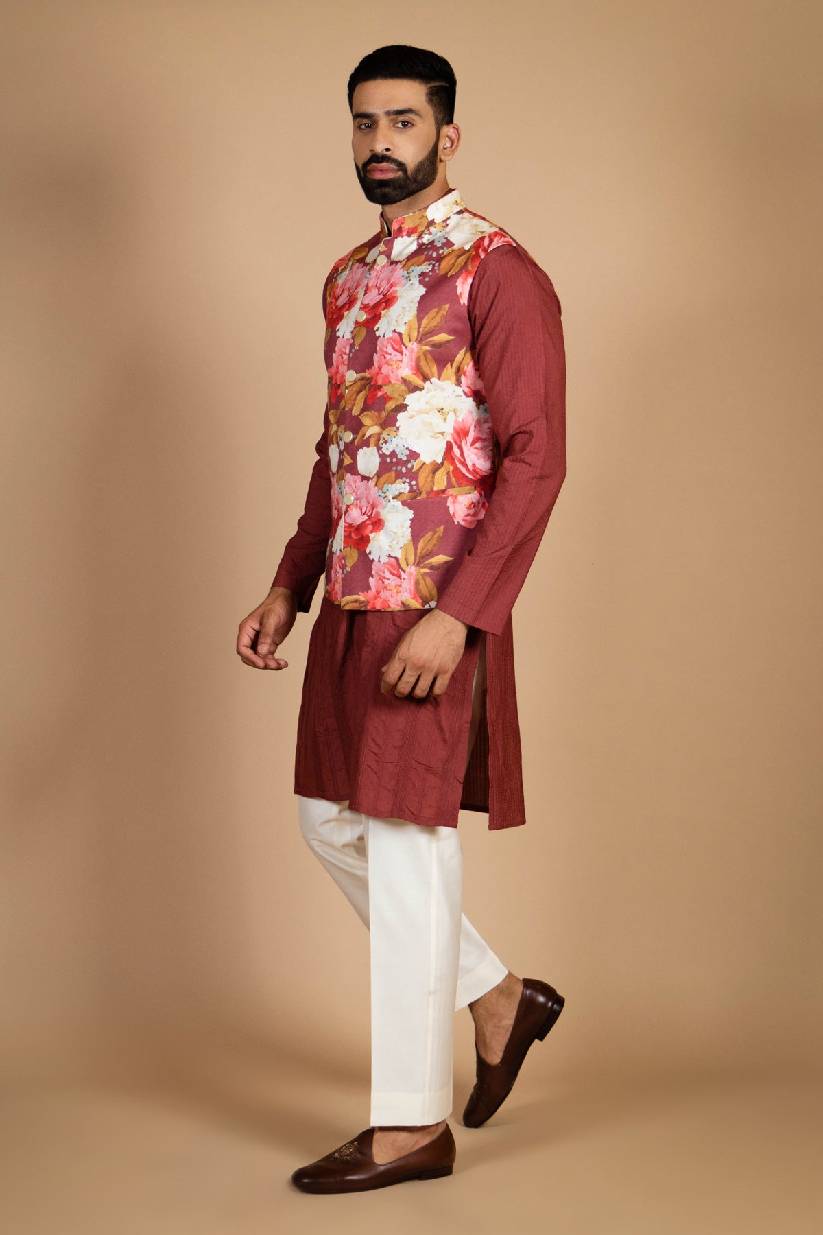 Maroon Kurta with floral jacket