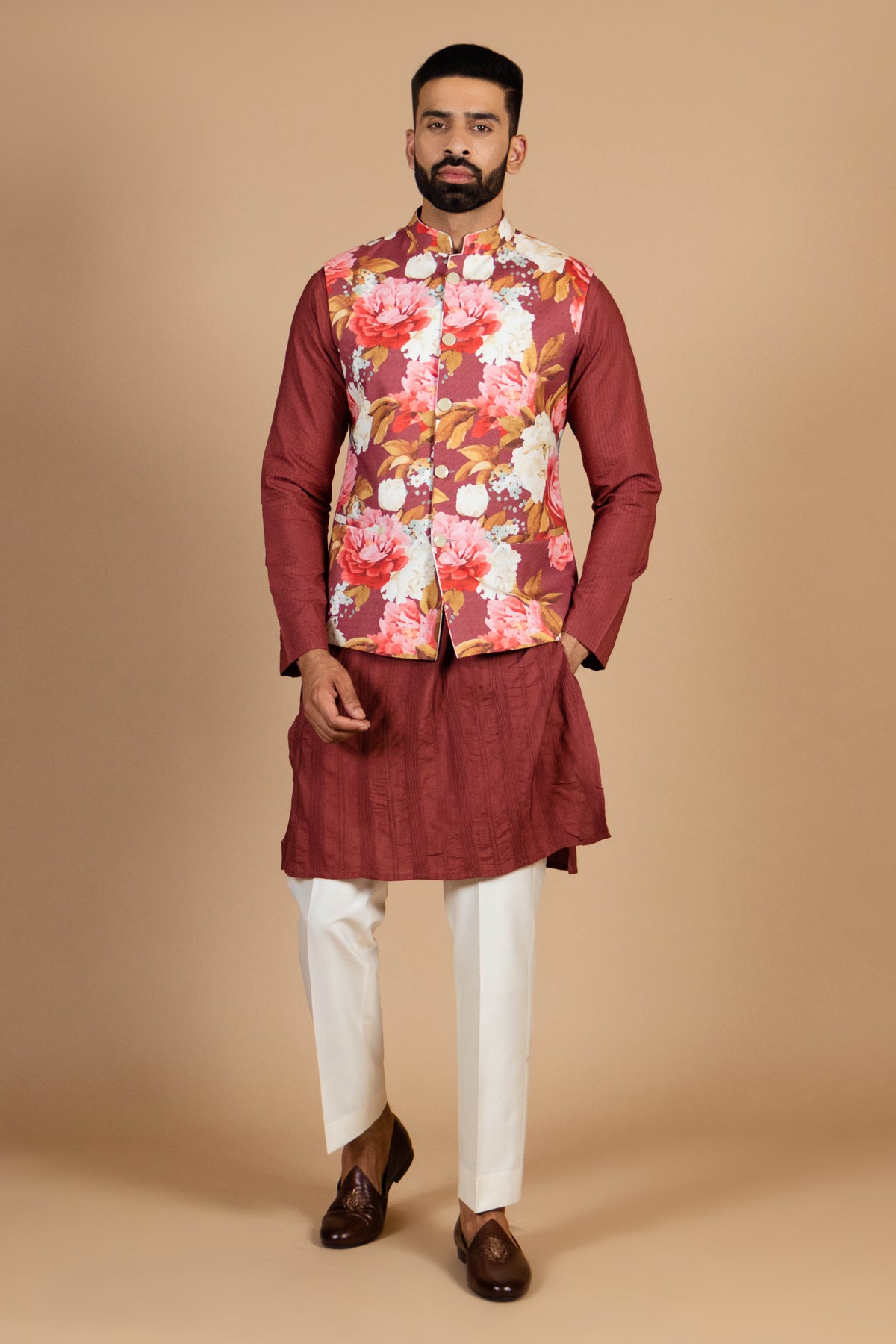 Maroon Kurta with floral jacket